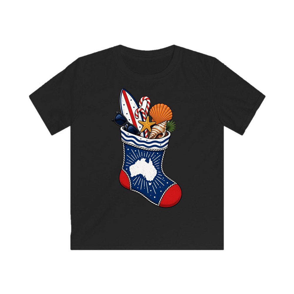 Aussie Beach Christmas Stocking personalised kids Christmas tee in black