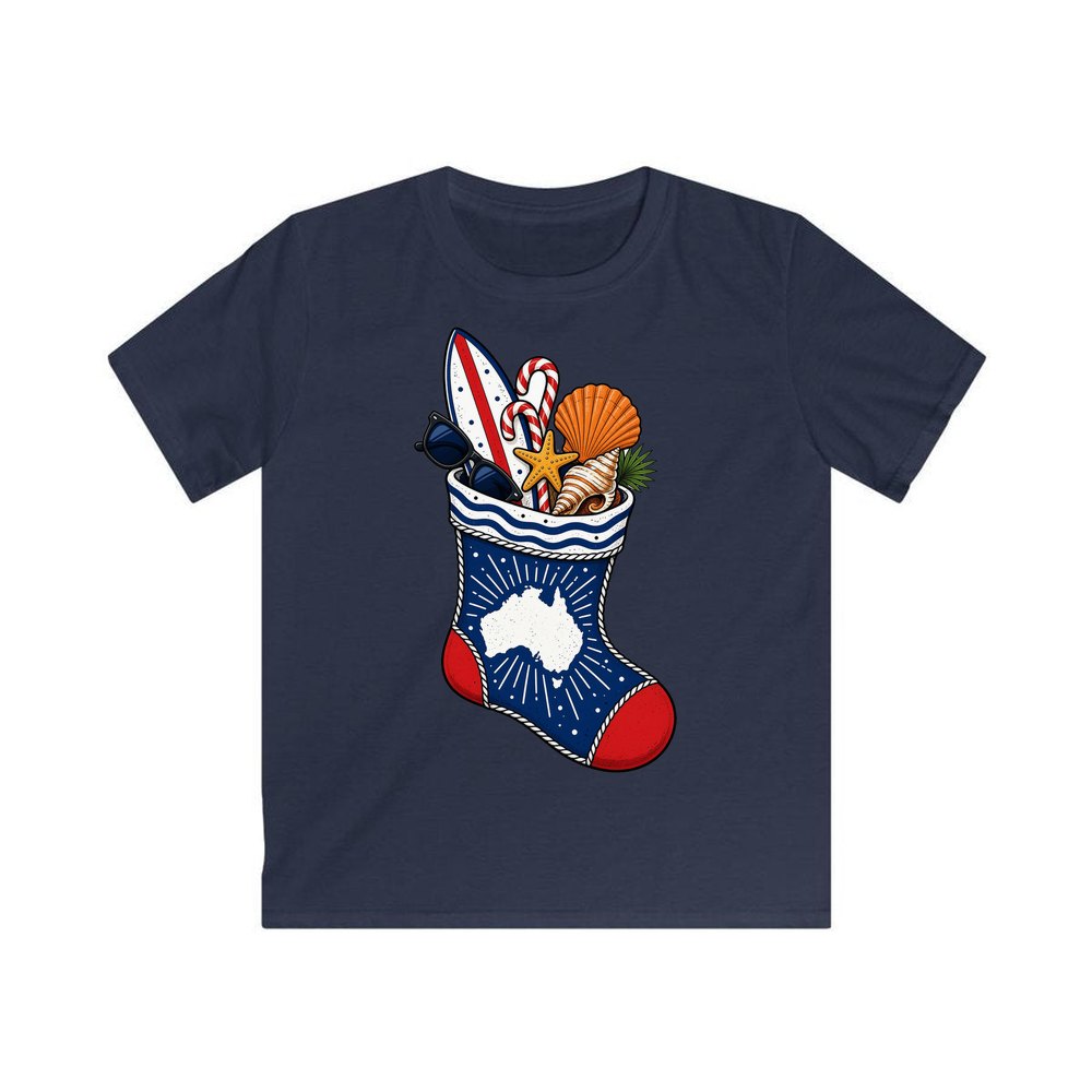 Aussie Beach Christmas Stocking personalised kids Christmas tee in navy
