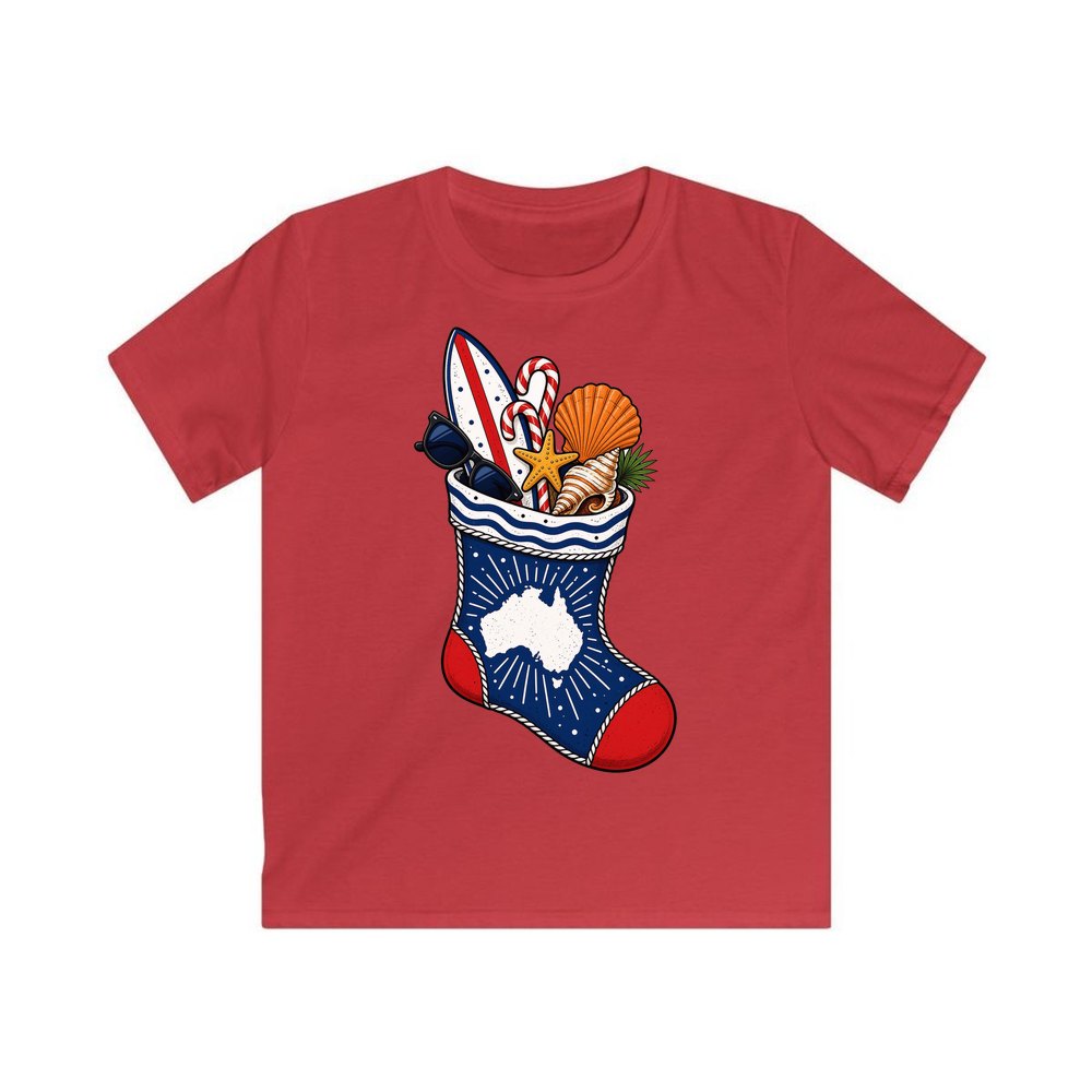Aussie Beach Christmas Stocking personalised kids Christmas tee in red
