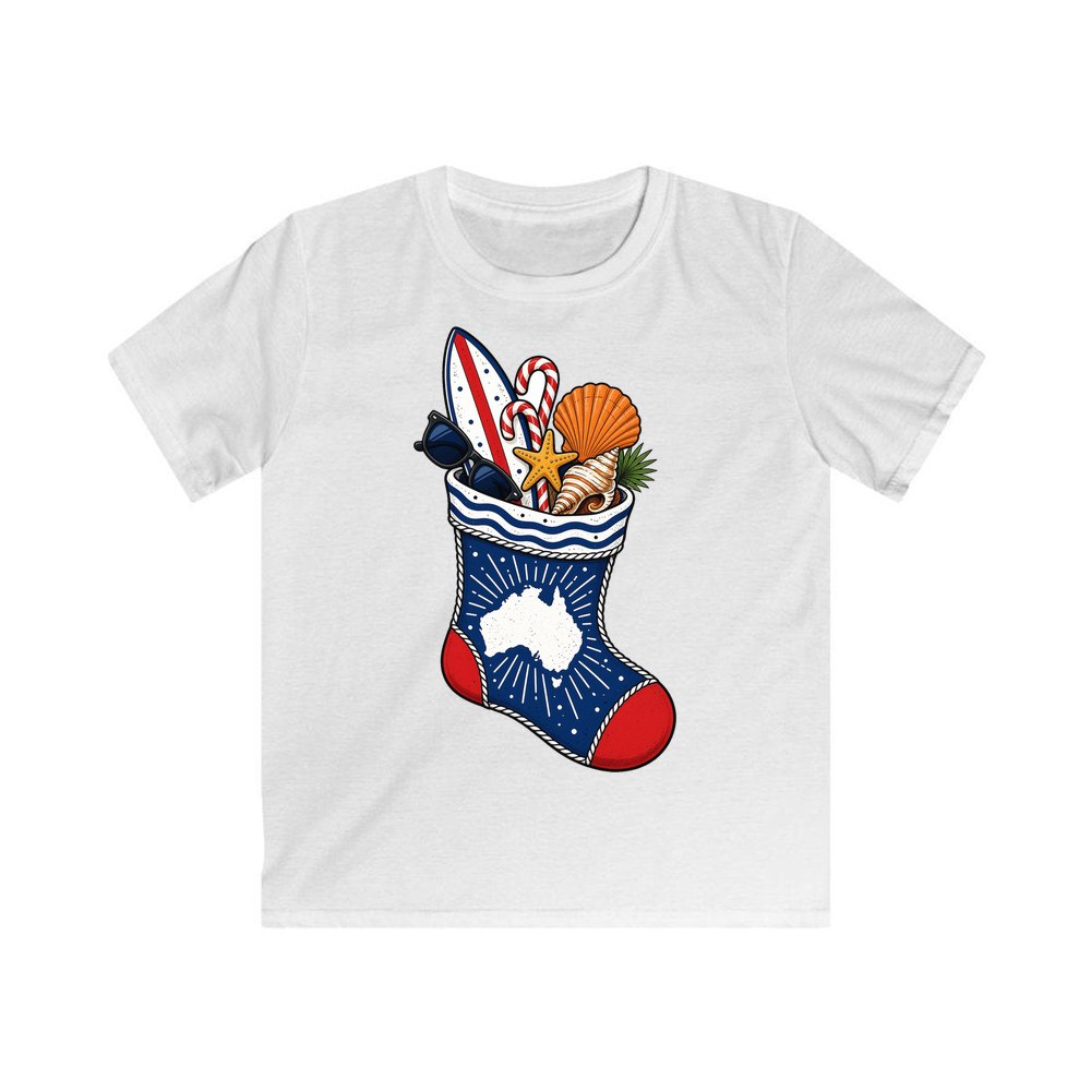 Aussie Beach Christmas Stocking personalised kids Christmas tee in white