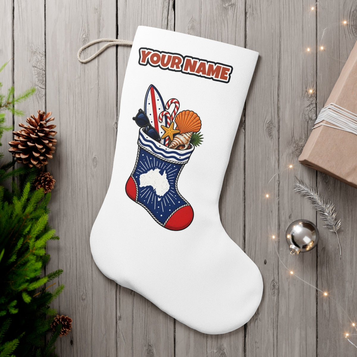 Aussie Beach Christmas Stocking personalised Christmas stocking, white, with the name across the top