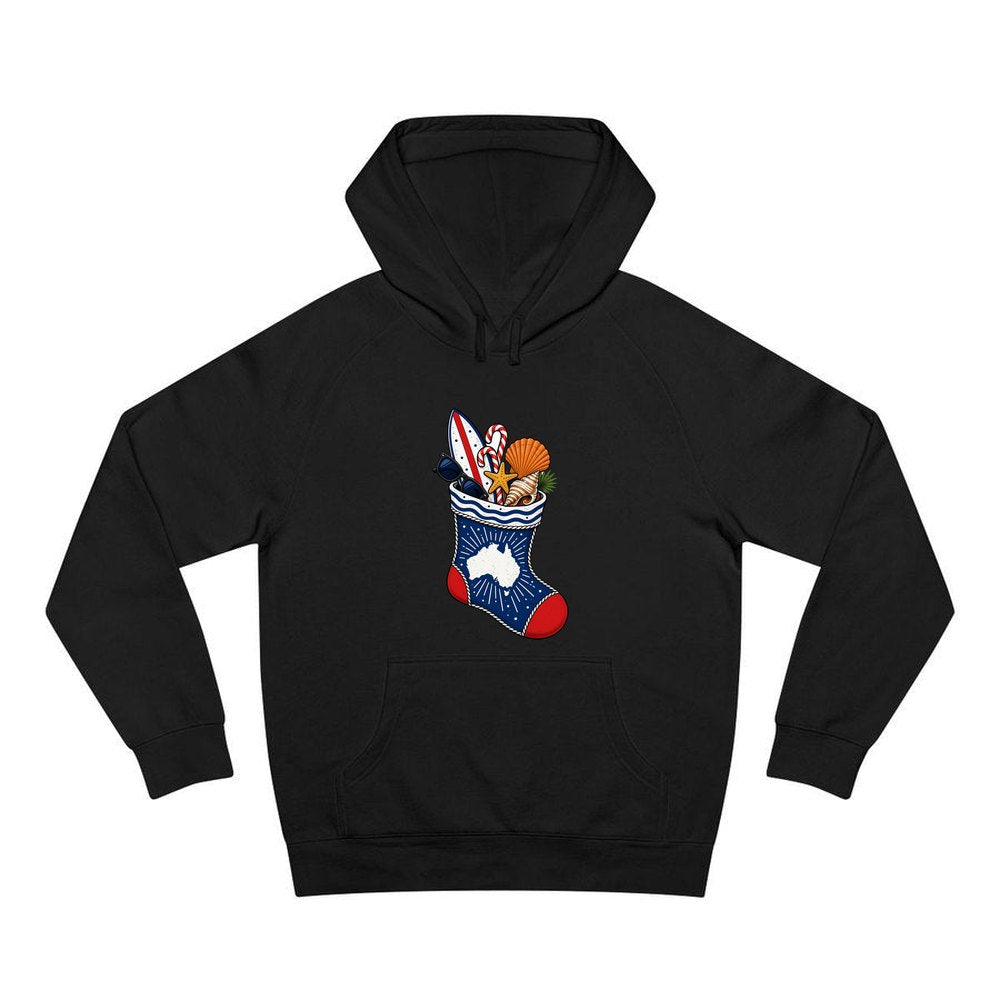 Aussie Beach Christmas Stocking personalised Christmas hoodie in black