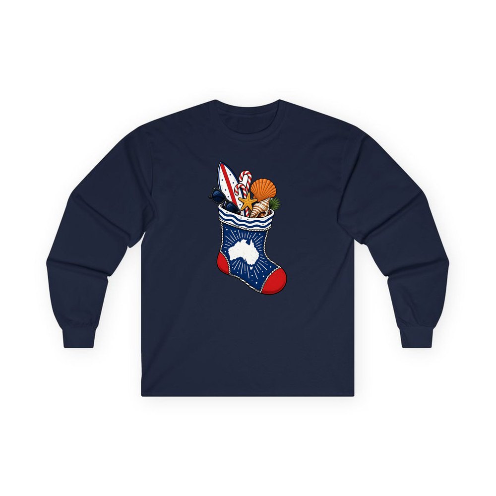 Aussie Beach Christmas Stocking personalised long sleeve Christmas T-shirt in navy