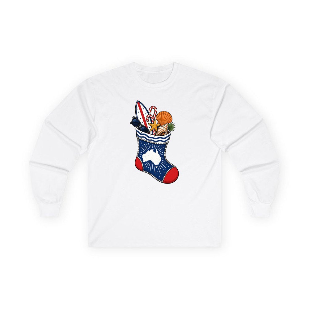 Aussie Beach Christmas Stocking personalised long sleeve Christmas T-shirt in white
