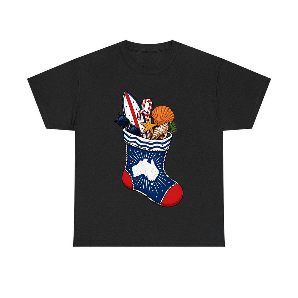 Aussie Beach Christmas Stocking personalised Christmas T-shirt in black