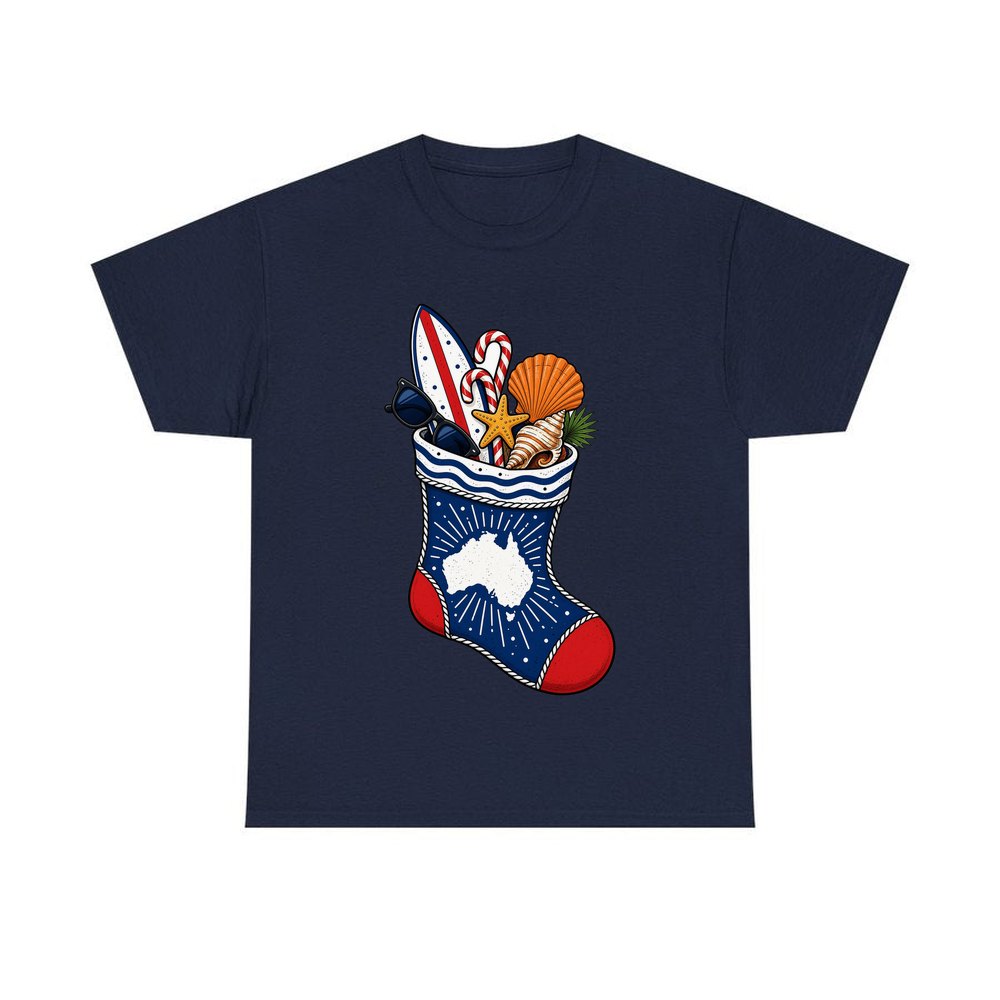 Aussie Beach Christmas Stocking personalised Christmas T-shirt in navy