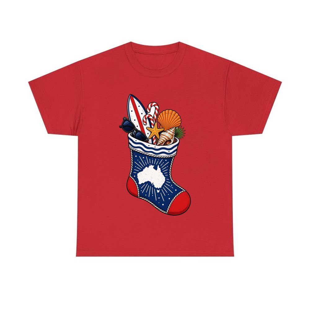 Aussie Beach Christmas Stocking personalised Christmas T-shirt in red
