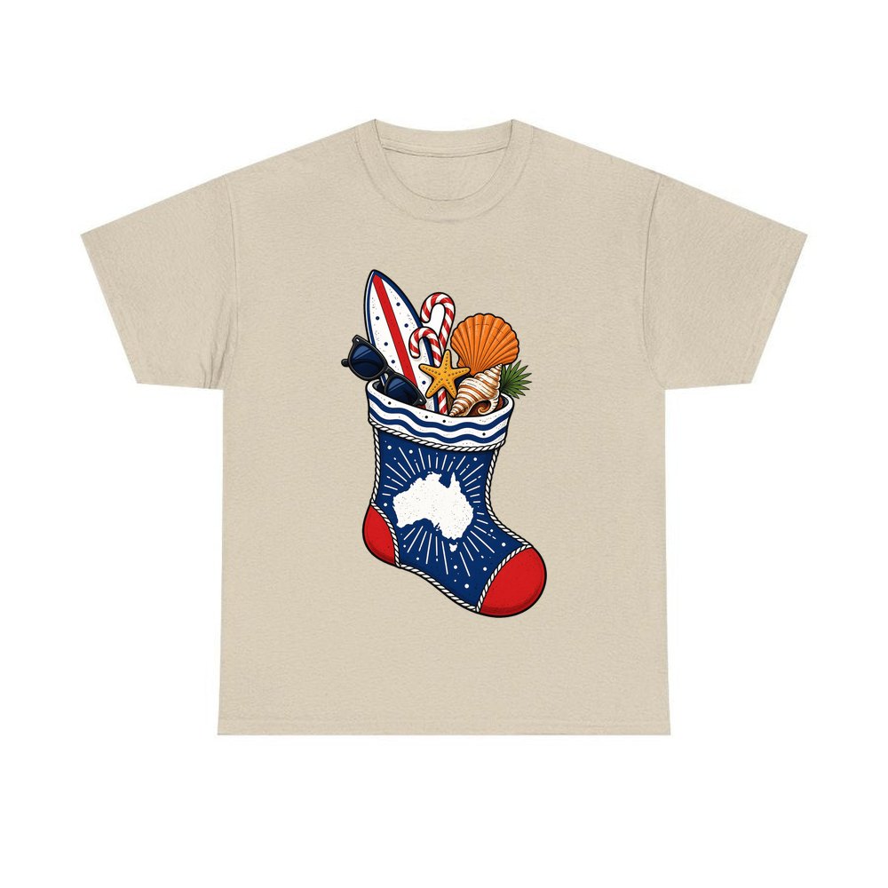 Aussie Beach Christmas Stocking personalised Christmas T-shirt in sand