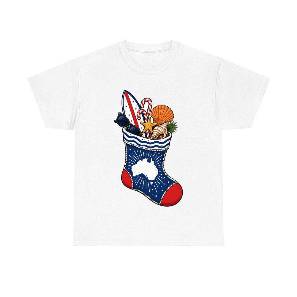 Aussie Beach Christmas Stocking personalised Christmas T-shirt in white