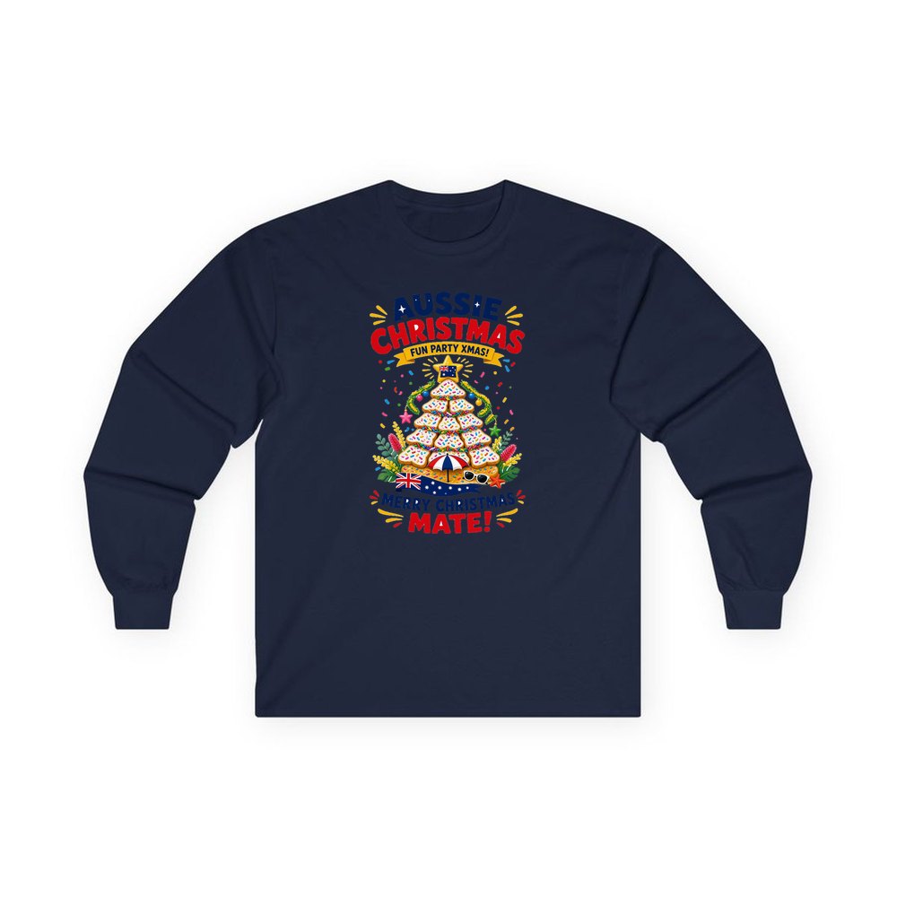 Aussie Christmas Cookie Tree personalised long sleeve Christmas T-shirt in navy