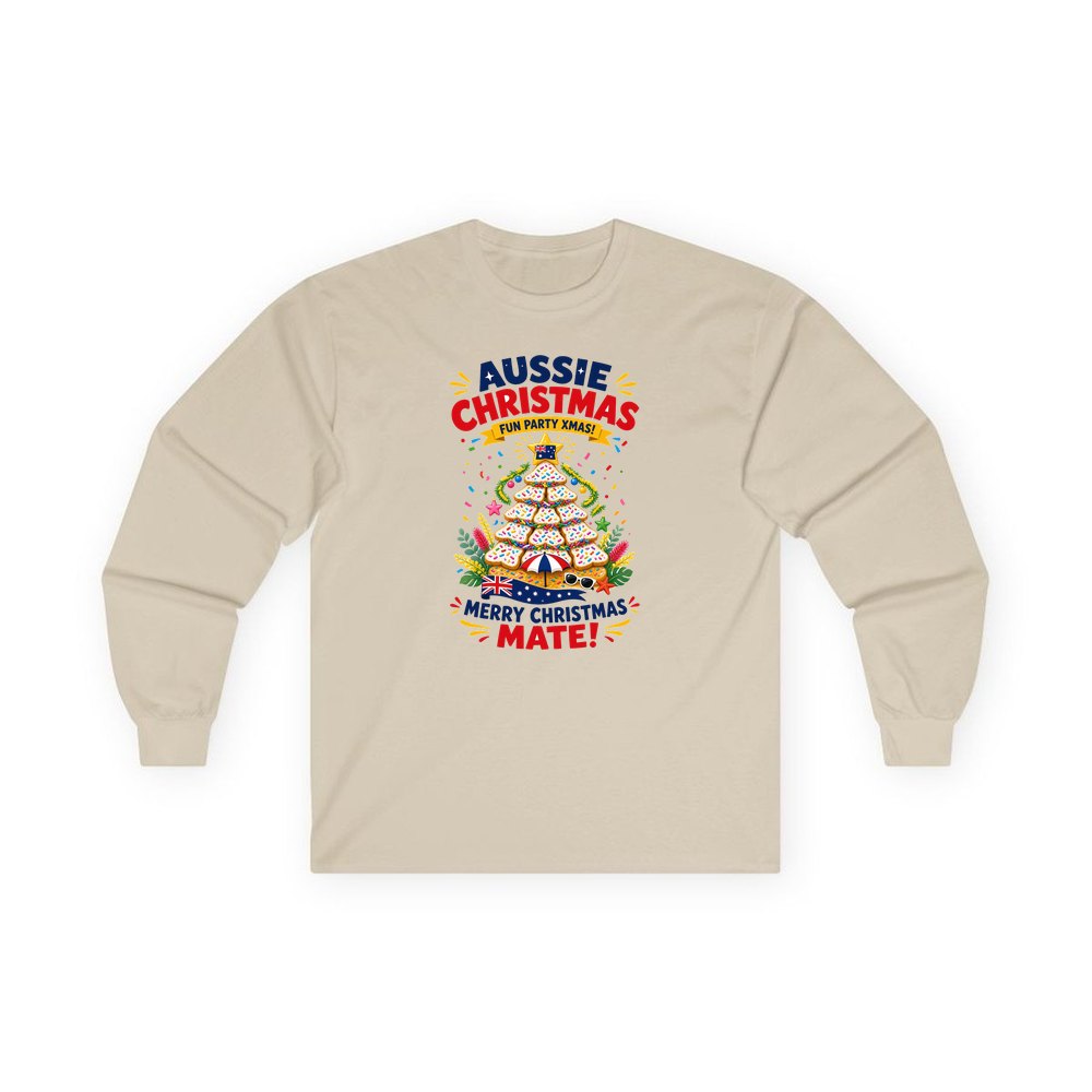 Aussie Christmas Cookie Tree personalised long sleeve Christmas T-shirt in sand