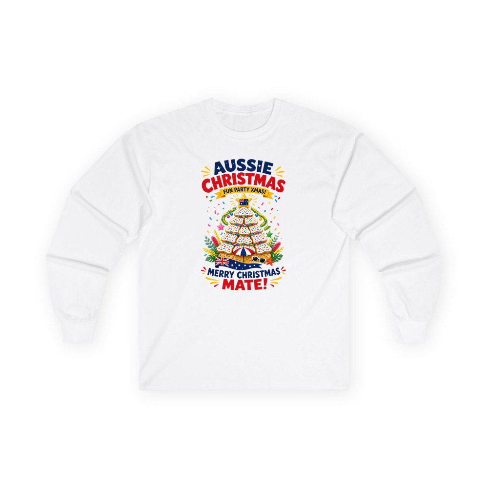 Aussie Christmas Cookie Tree personalised long sleeve Christmas T-shirt in white