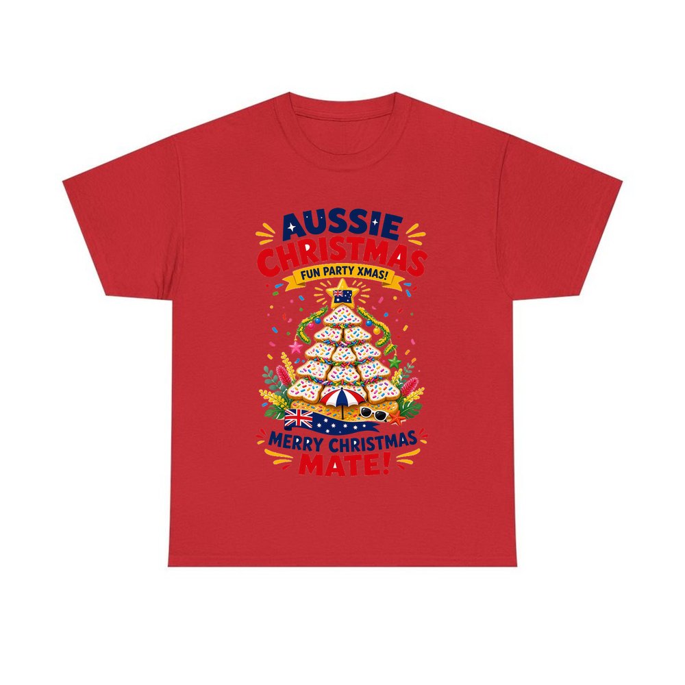 Aussie Christmas Cookie Tree personalised Christmas T-shirt in red