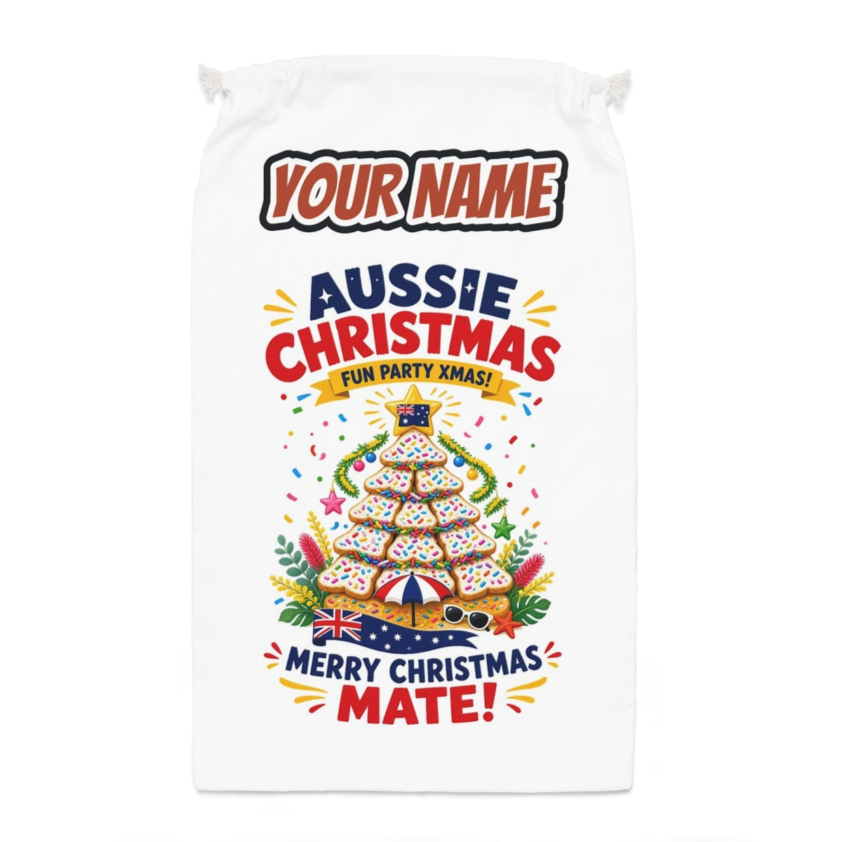 Aussie Christmas Cookie Tree Santa sack laid flat, showing the full print
