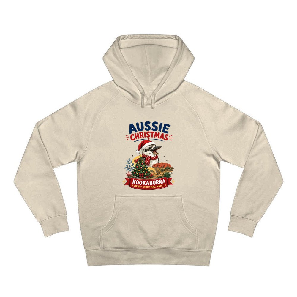 Aussie Kookaburra Christmas personalised Christmas hoodie in sand
