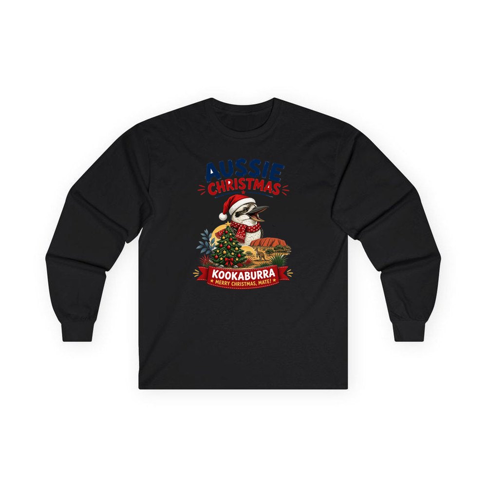 Aussie Kookaburra Christmas personalised long sleeve Christmas T-shirt in black