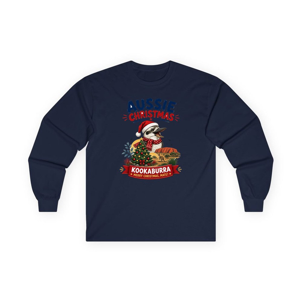 Aussie Kookaburra Christmas personalised long sleeve Christmas T-shirt in navy