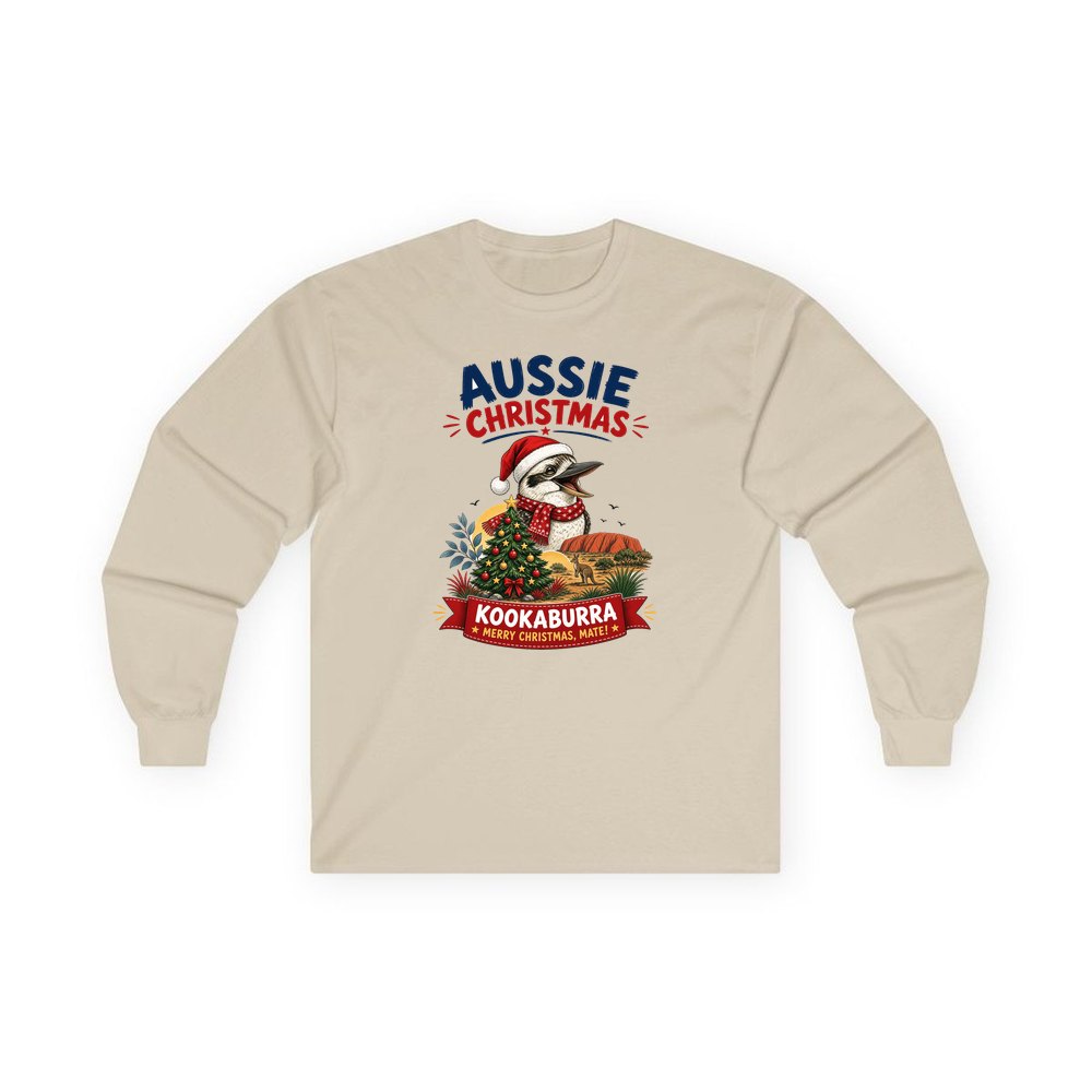 Aussie Kookaburra Christmas personalised long sleeve Christmas T-shirt in sand
