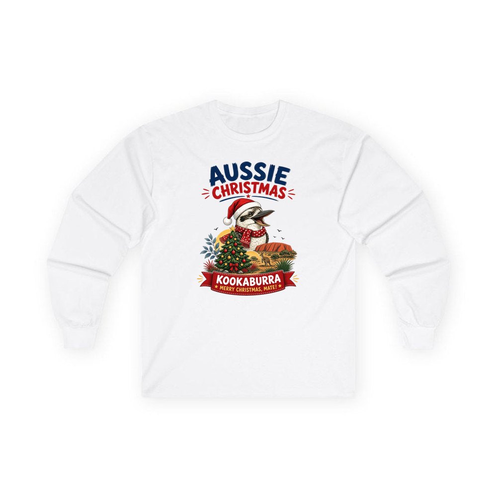 Aussie Kookaburra Christmas personalised long sleeve Christmas T-shirt in white