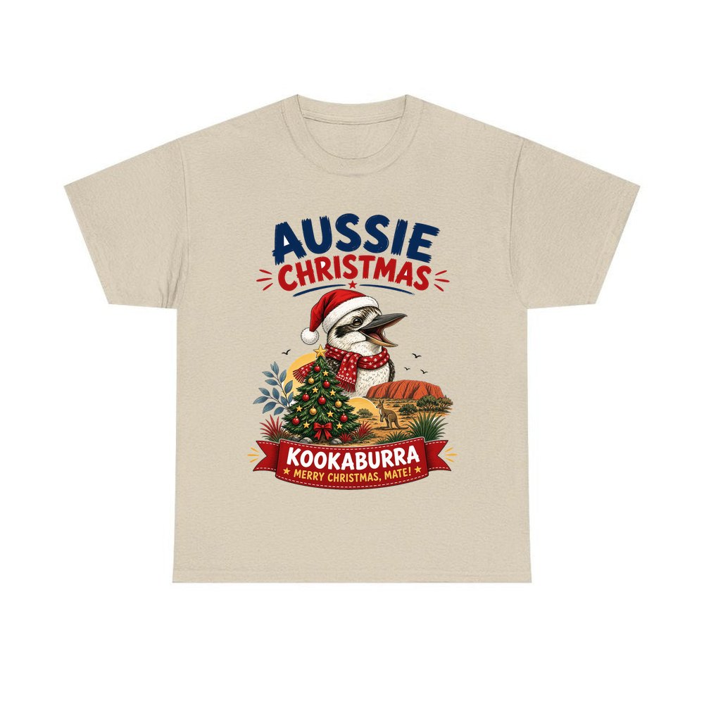 Aussie Kookaburra Christmas personalised Christmas T-shirt in sand