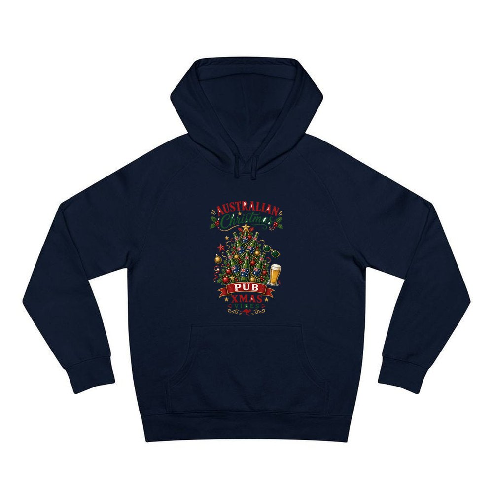 Aussie Pub Christmas Tree personalised Christmas hoodie in navy