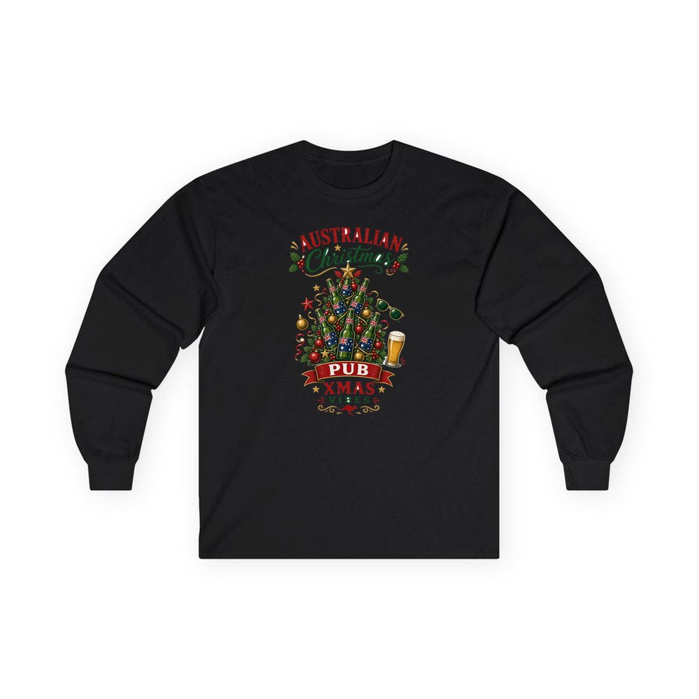 Aussie Pub Christmas Tree personalised long sleeve Christmas T-shirt in black