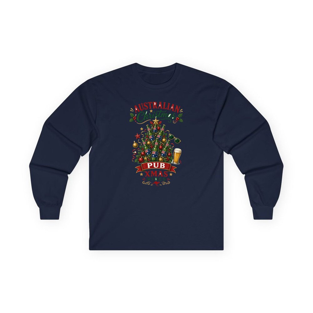 Aussie Pub Christmas Tree personalised long sleeve Christmas T-shirt in navy