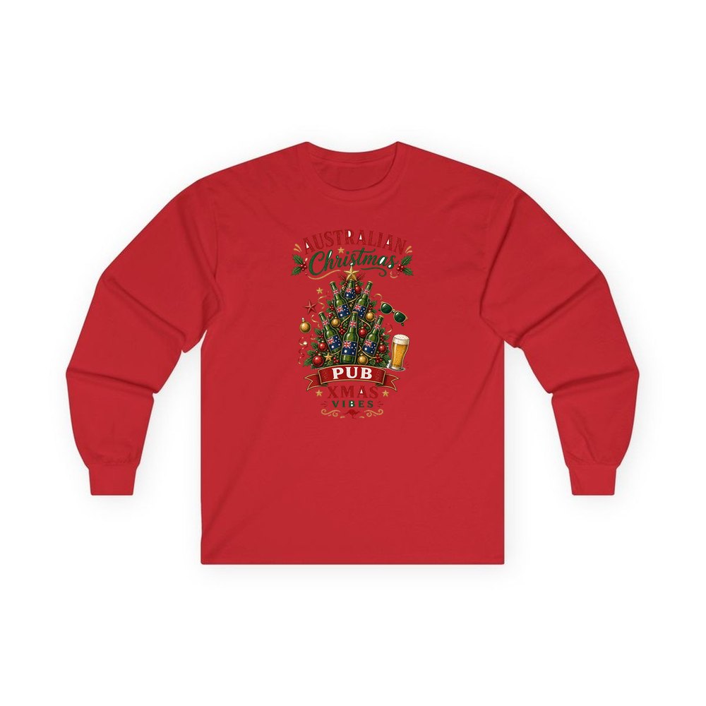 Aussie Pub Christmas Tree personalised long sleeve Christmas T-shirt in red