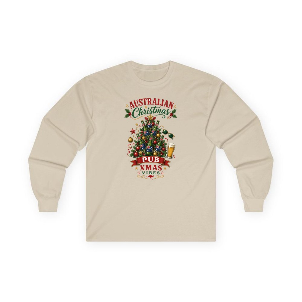 Aussie Pub Christmas Tree personalised long sleeve Christmas T-shirt in sand