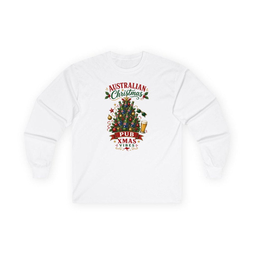Aussie Pub Christmas Tree personalised long sleeve Christmas T-shirt in white