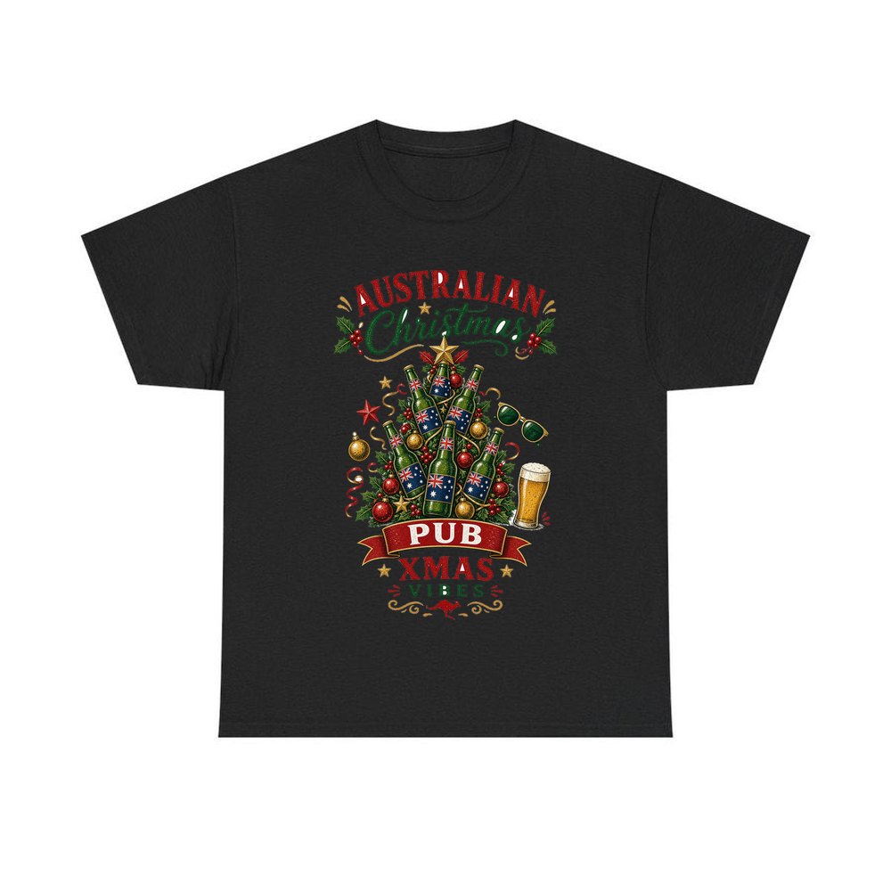 Aussie Pub Christmas Tree personalised Christmas T-shirt in black