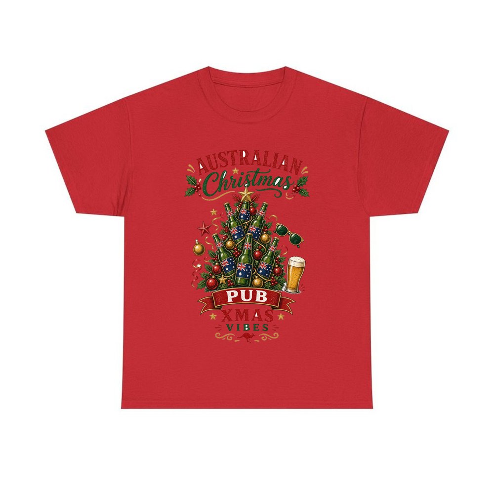 Aussie Pub Christmas Tree personalised Christmas T-shirt in red