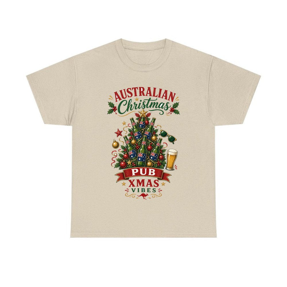 Aussie Pub Christmas Tree personalised Christmas T-shirt in sand