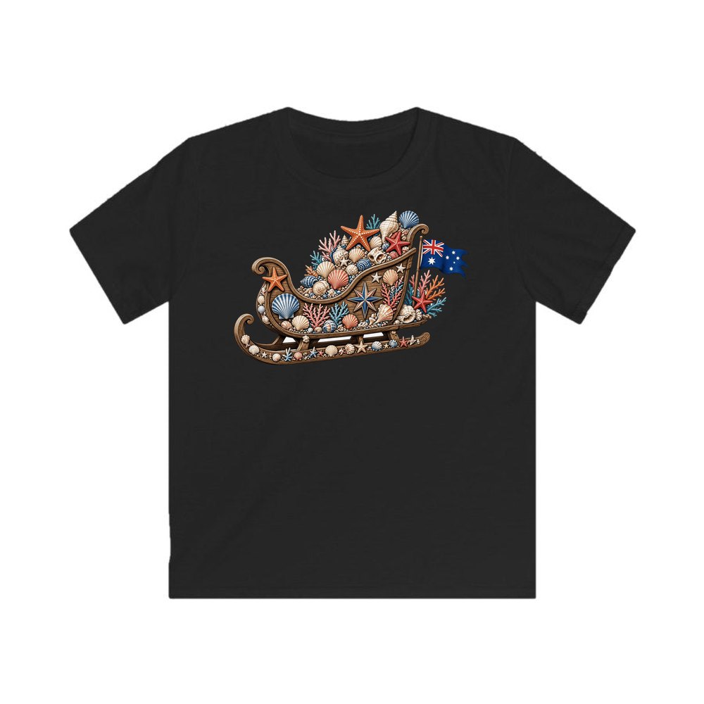 Aussie Seashell Christmas Sleigh personalised kids Christmas tee in black