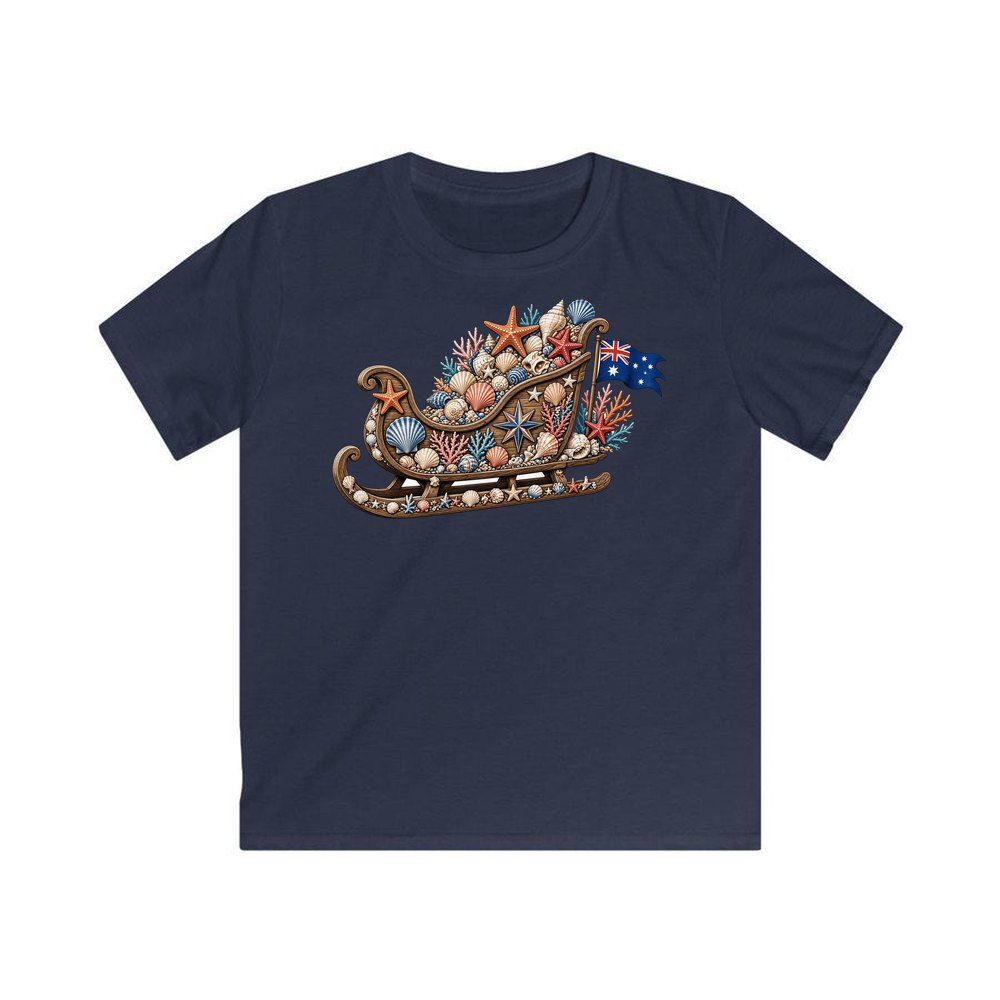Aussie Seashell Christmas Sleigh personalised kids Christmas tee in navy