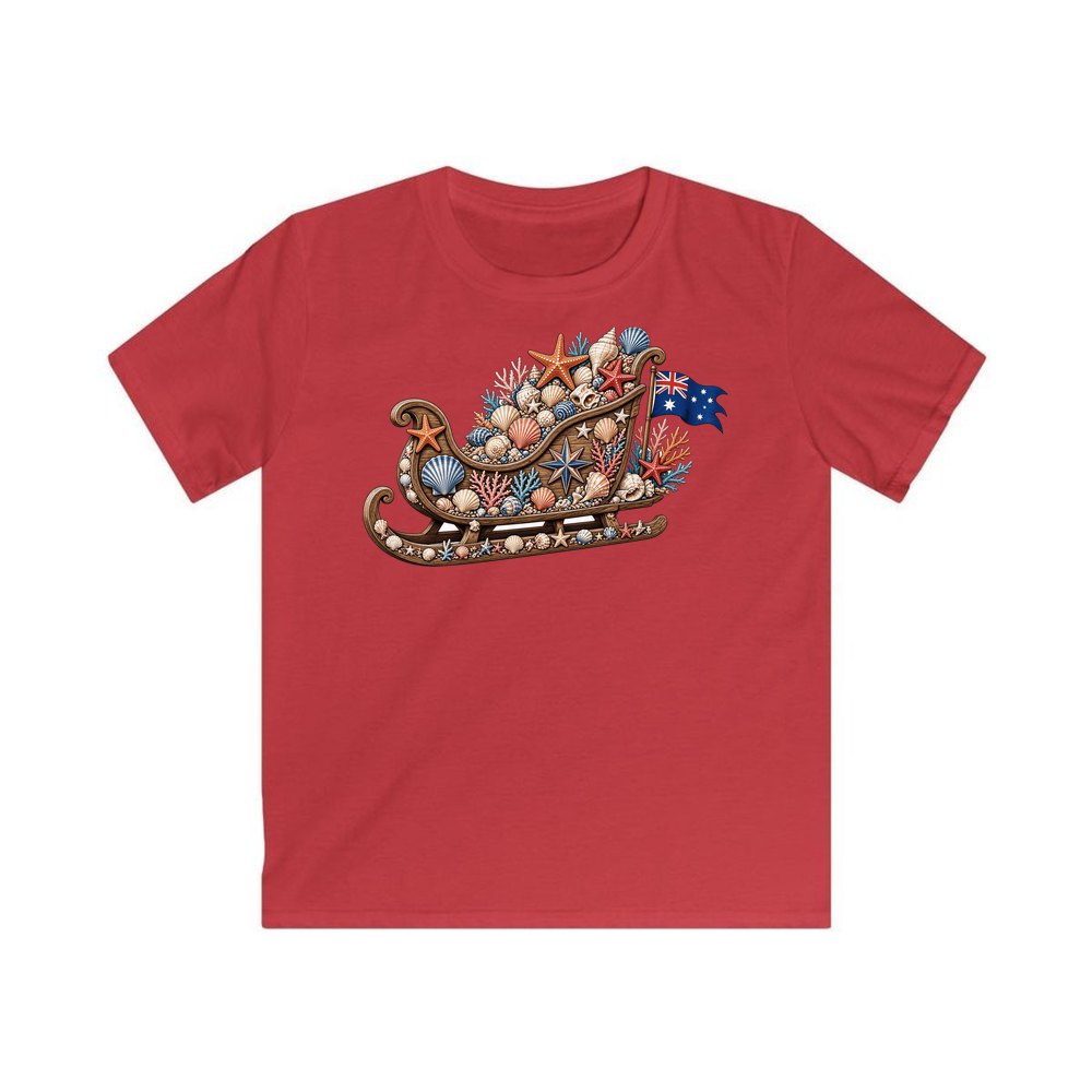 Aussie Seashell Christmas Sleigh personalised kids Christmas tee in red