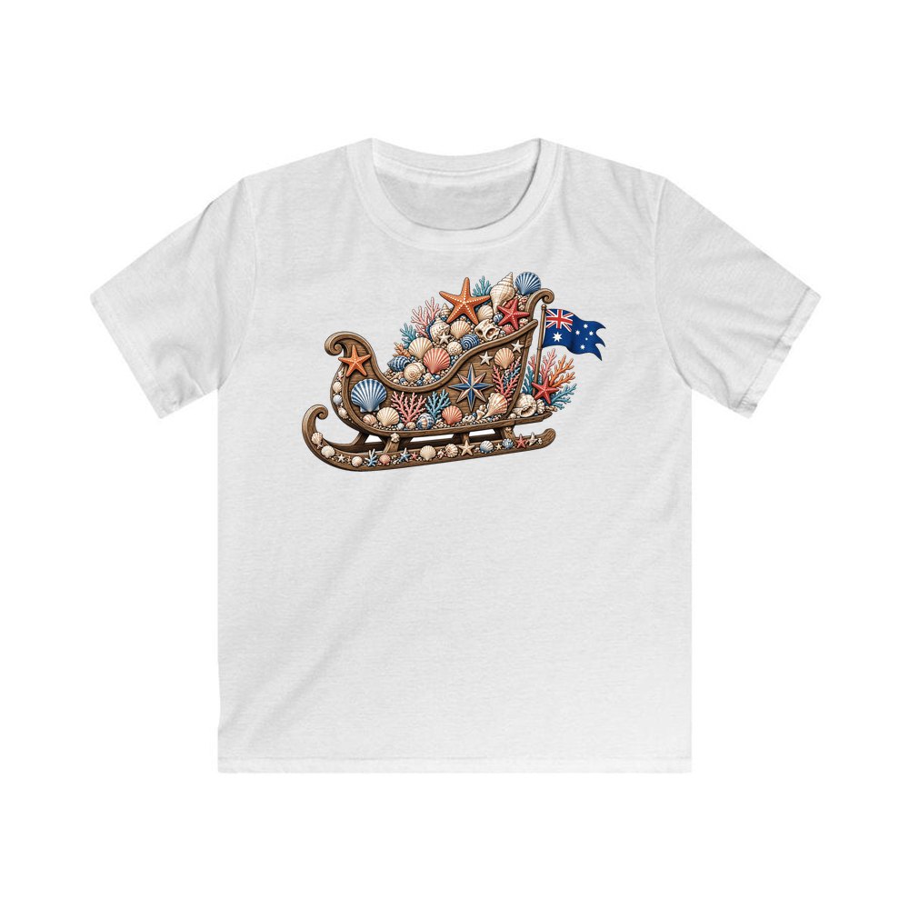 Aussie Seashell Christmas Sleigh personalised kids Christmas tee in white