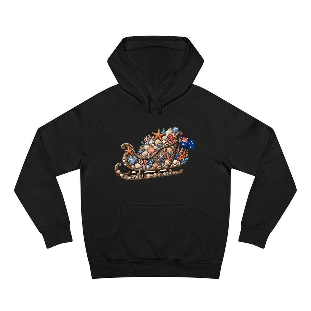 Aussie Seashell Christmas Sleigh personalised Christmas hoodie in black