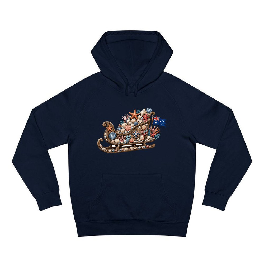 Aussie Seashell Christmas Sleigh personalised Christmas hoodie in navy