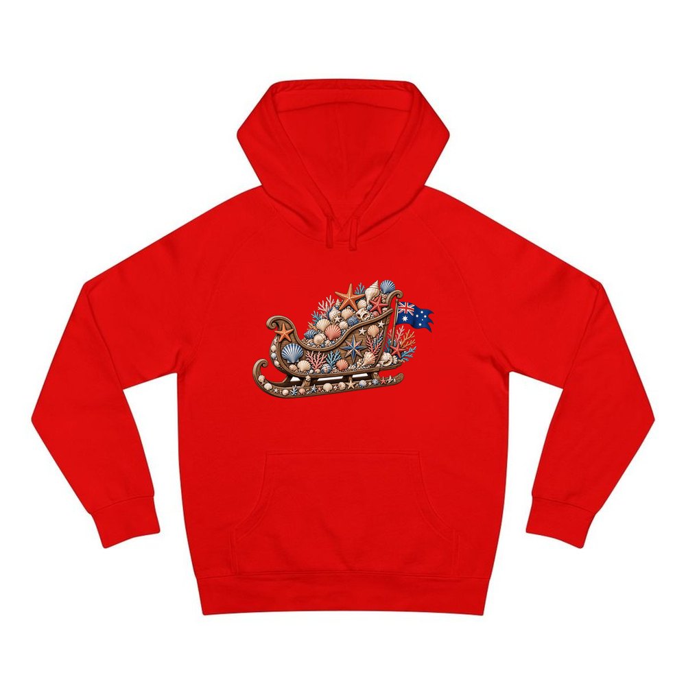 Aussie Seashell Christmas Sleigh personalised Christmas hoodie in red