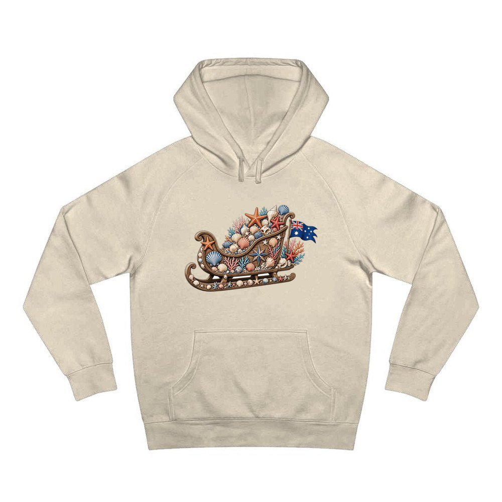 Aussie Seashell Christmas Sleigh personalised Christmas hoodie in sand