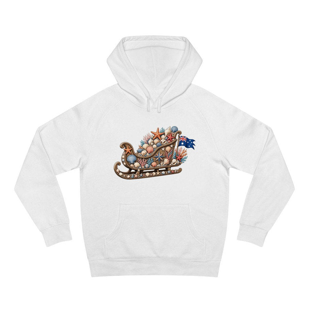 Aussie Seashell Christmas Sleigh personalised Christmas hoodie in white