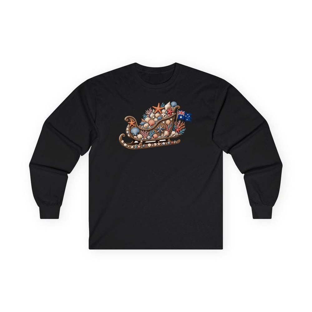 Aussie Seashell Christmas Sleigh personalised long sleeve Christmas T-shirt in black