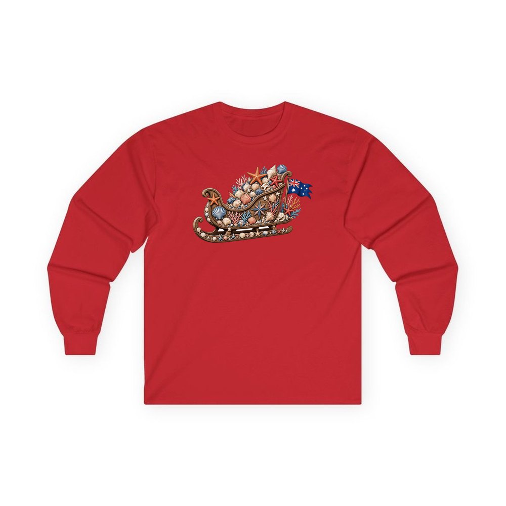 Aussie Seashell Christmas Sleigh personalised long sleeve Christmas T-shirt in red