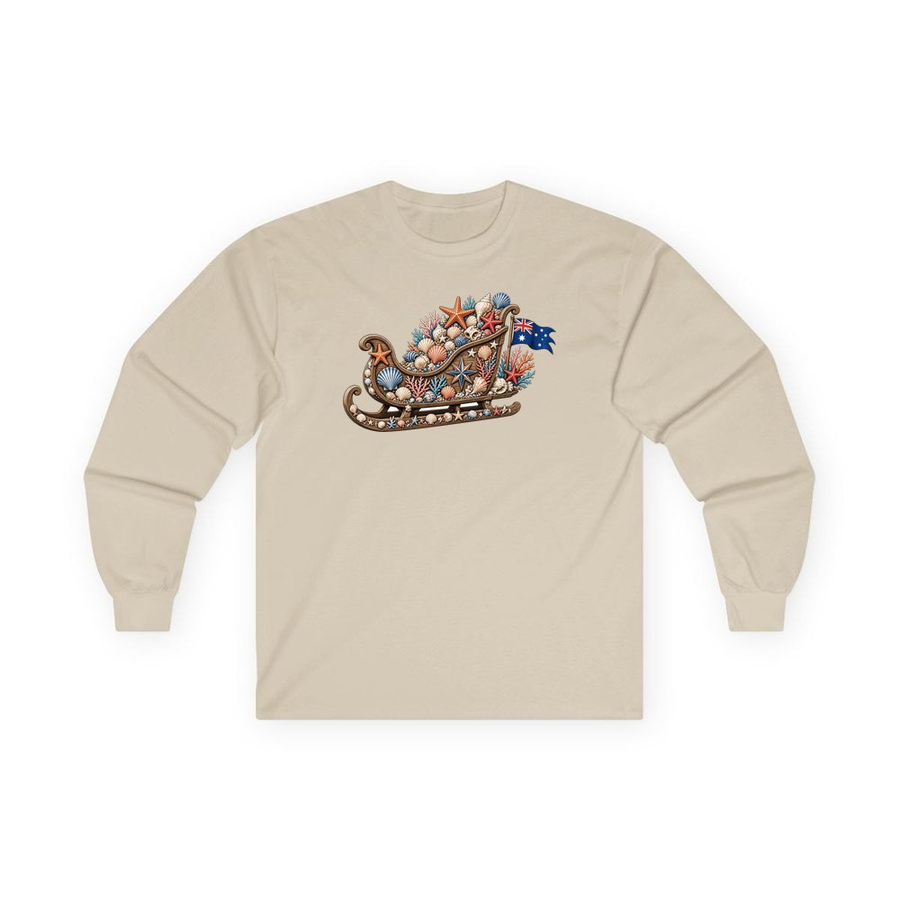 Aussie Seashell Christmas Sleigh personalised long sleeve Christmas T-shirt in sand