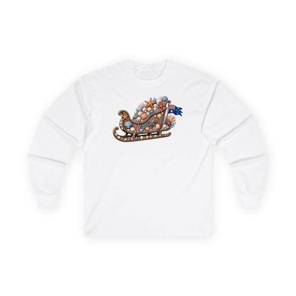 Aussie Seashell Christmas Sleigh personalised long sleeve Christmas T-shirt in white