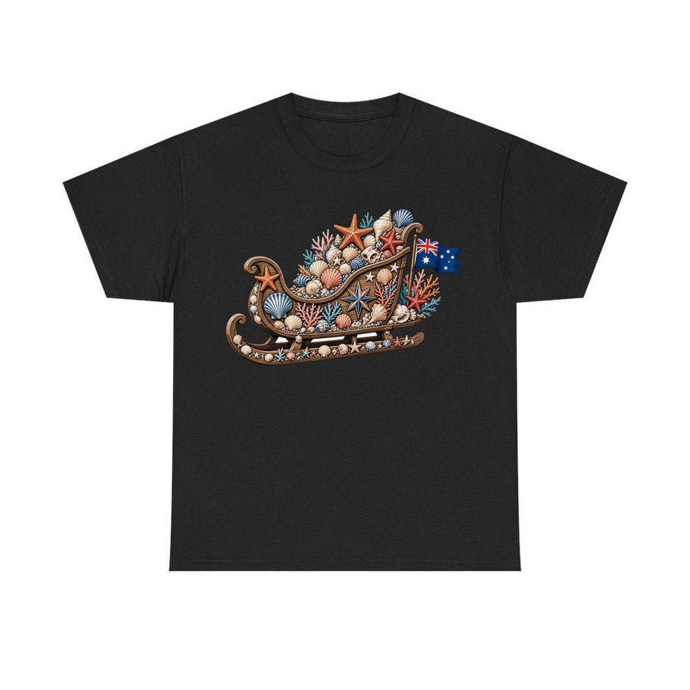 Aussie Seashell Christmas Sleigh personalised Christmas T-shirt in black