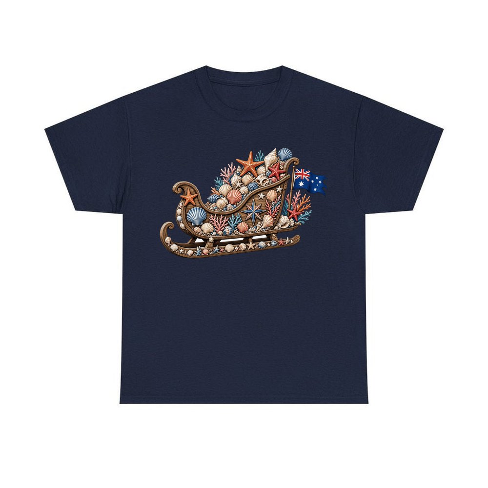 Aussie Seashell Christmas Sleigh personalised Christmas T-shirt in navy