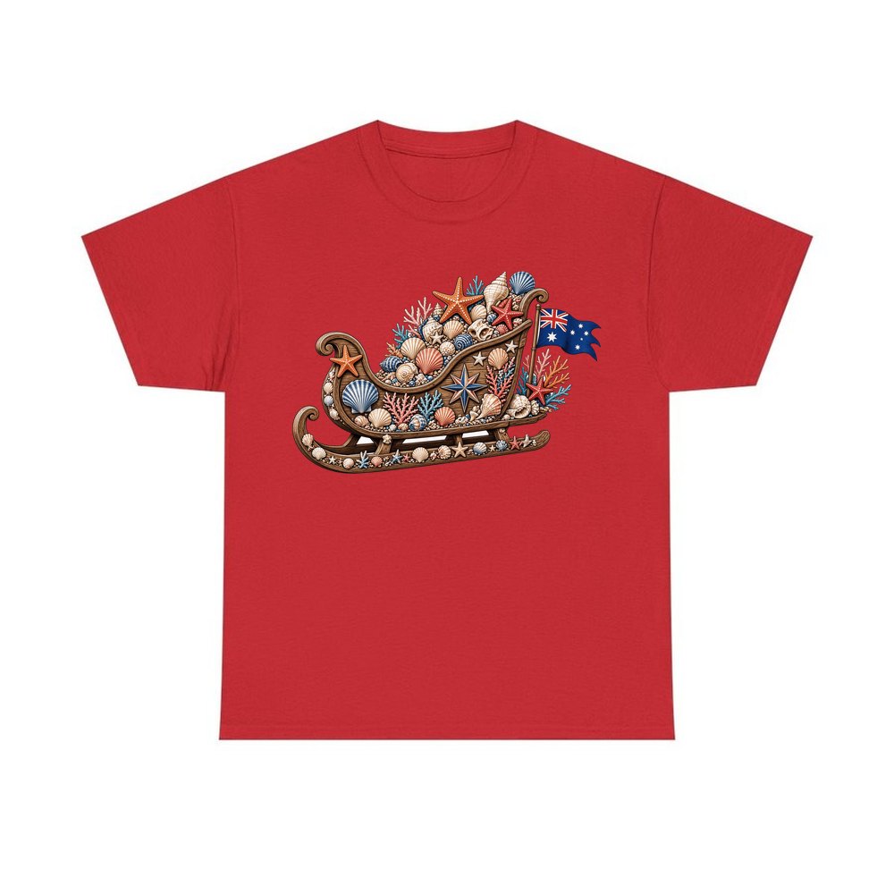 Aussie Seashell Christmas Sleigh personalised Christmas T-shirt in red