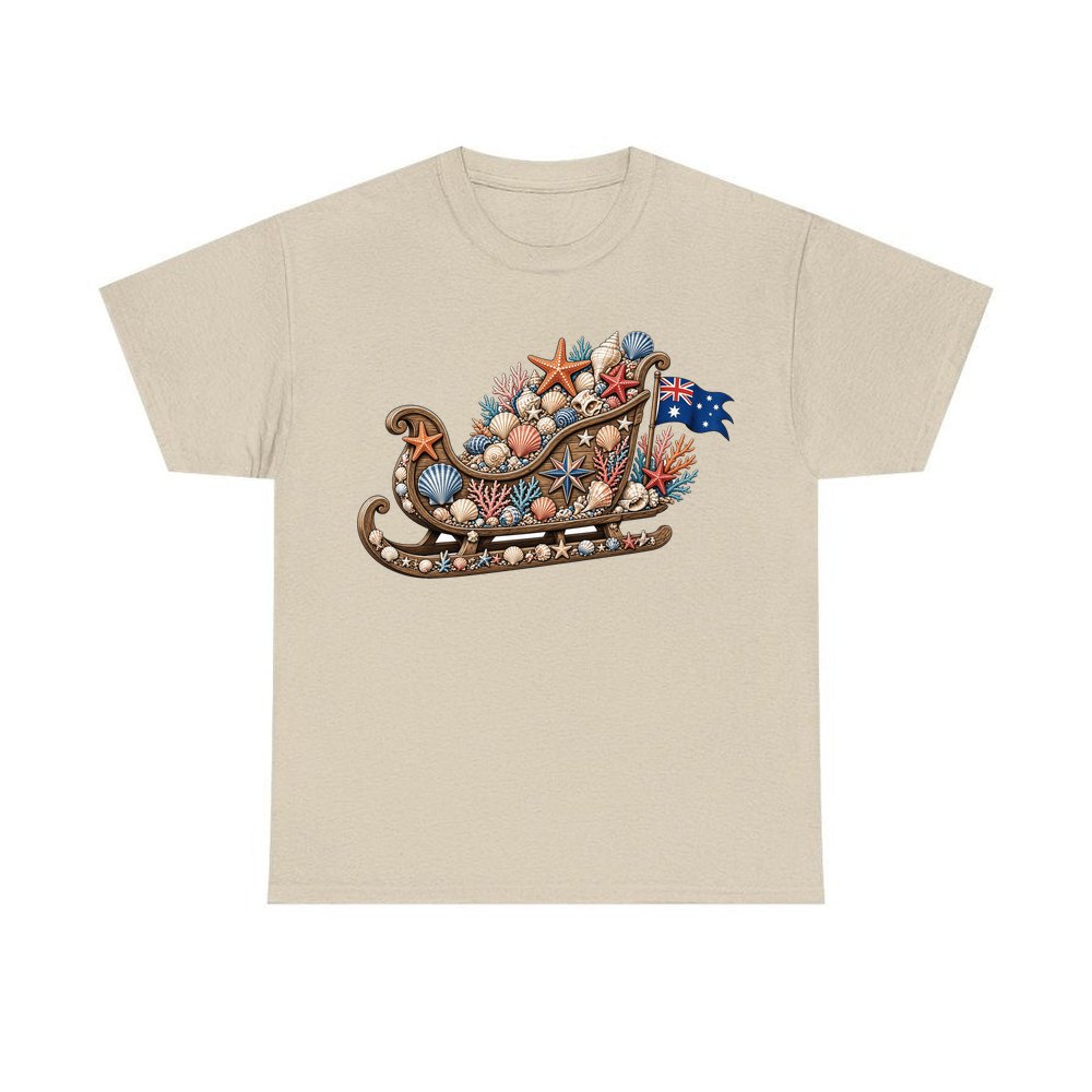 Aussie Seashell Christmas Sleigh personalised Christmas T-shirt in sand